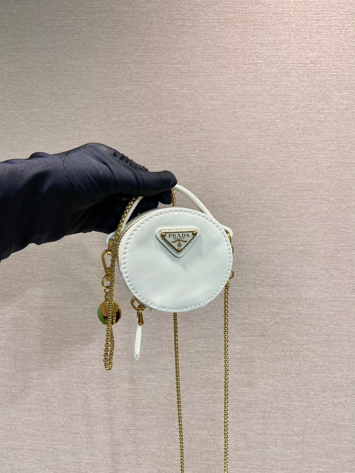 PRADA MINI ROUND BAG 8 IN WHITE GLOSSY CALFSKIN GOLD HARDWARE